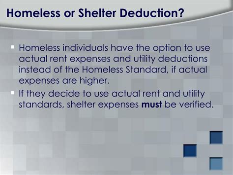 Homeless Shelter Expense Deduction Calculation