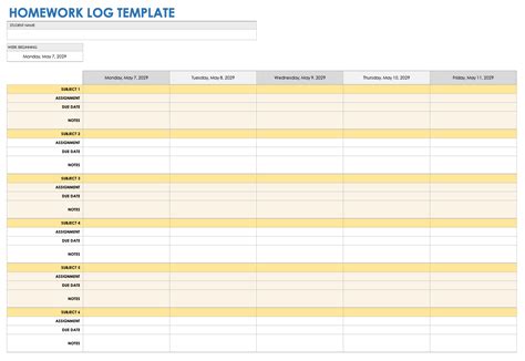 Homework Log Template Example 3