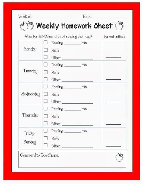 Homework Log Template Example 5