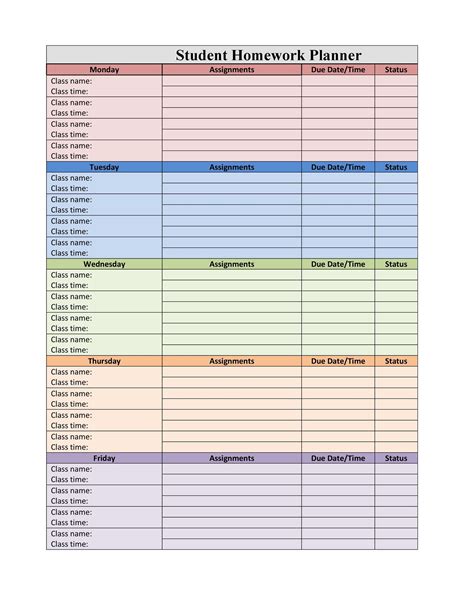 Homework Planner Template for College Students