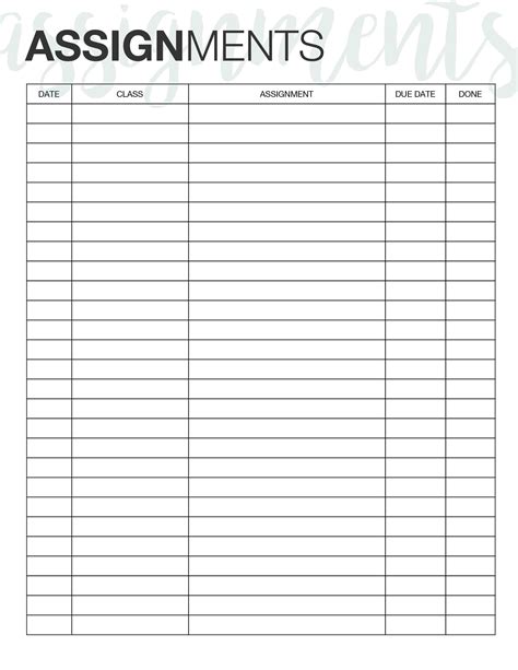 Homework Tracker Template Example 1