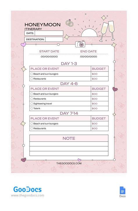 Honeymoon Itinerary Template