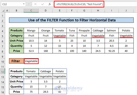 Using Horizontal Filter in Excel