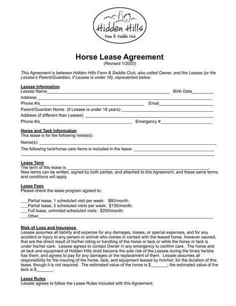 Horse Lease Agreement Template 1