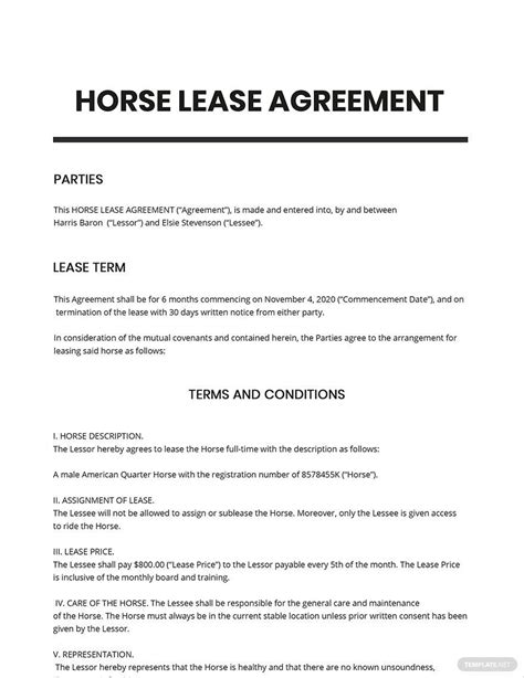 Horse Lease Agreement Template 3