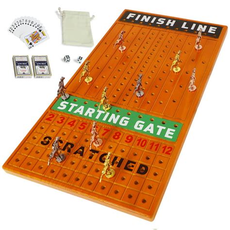 Image of a horse racing game board with tokens and dice