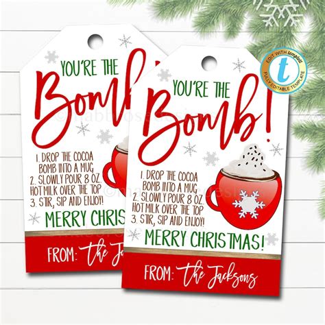 Hot chocolate bomb gift tag with holiday theme