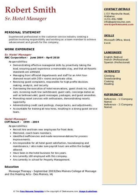 Example of Hotel Management Resume