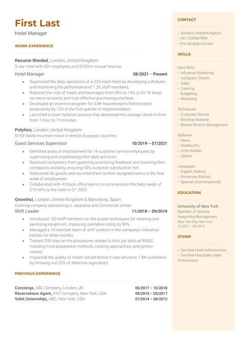 Example of Hotel Management Resume