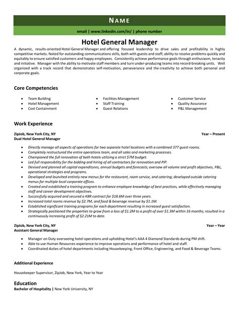 Example of Hotel Management Resume