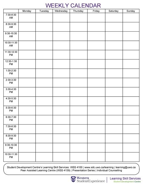 Hourly Calendars for Students