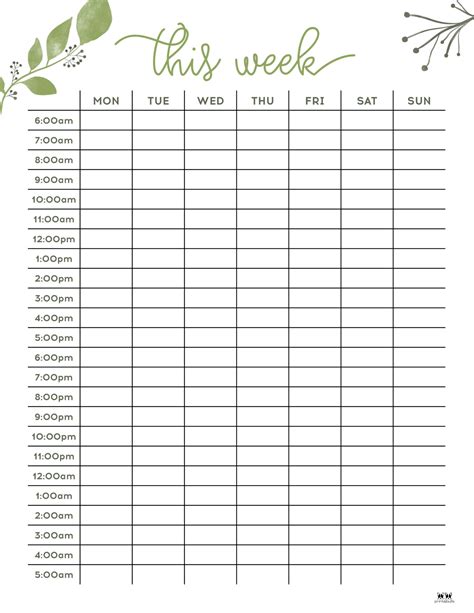 Customizable hourly planner printable