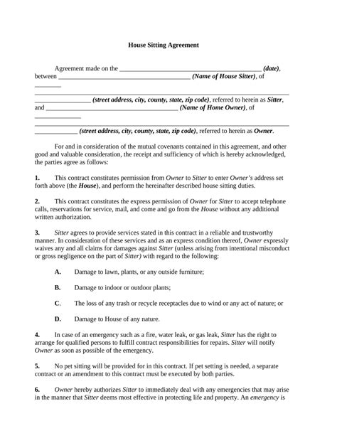 House Sitting Contract Template Example