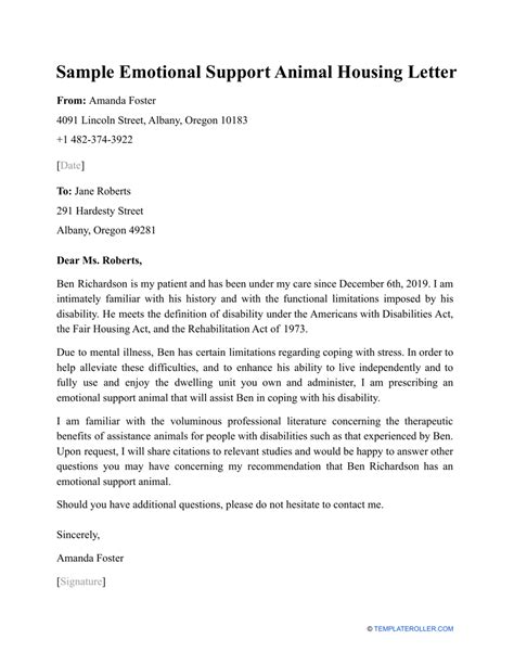 Housing Accommodation Letter for Service Animals