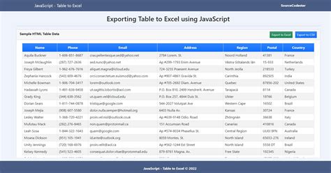 HTML Table Export to Excel