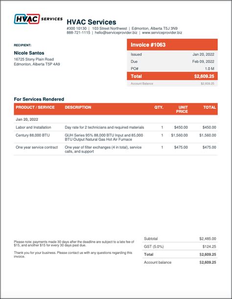 HVAC Installation Invoice Template