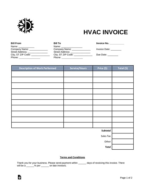 HVAC service invoice template format example