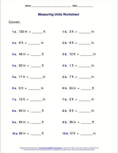 Inches to Feet Conversion Worksheets