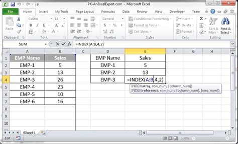 INDEX Formula Example