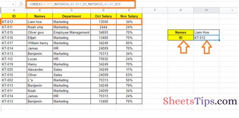 INDEX and MATCH Functions in Google Sheets