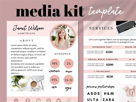 Influencer media kit template with brand collaborations and testimonials