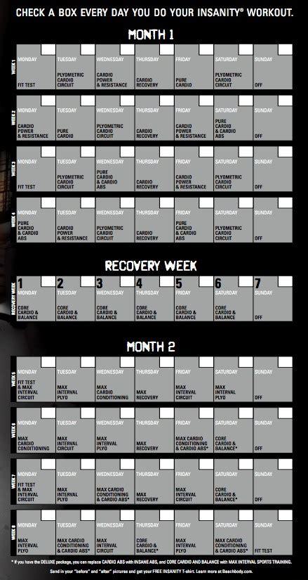 Insanity workout calendar printable template