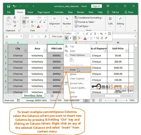 Insert Column to the Right using Insert Button