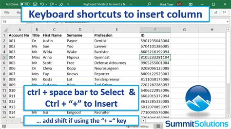 Insert Column to the Right using Keyboard Shortcut