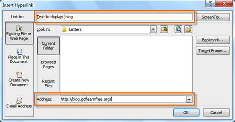 Insert Hyperlink Dialog Box Example