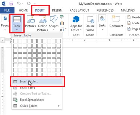 Inserting an Excel table into Word using the Insert Table feature