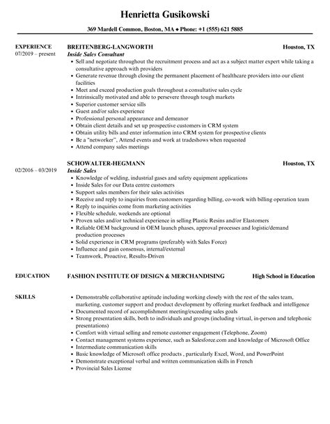 Inside Sales Resume Template Example