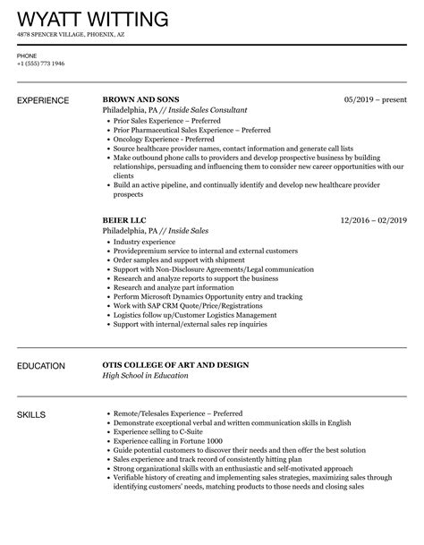 Inside Sales Resume Template Example