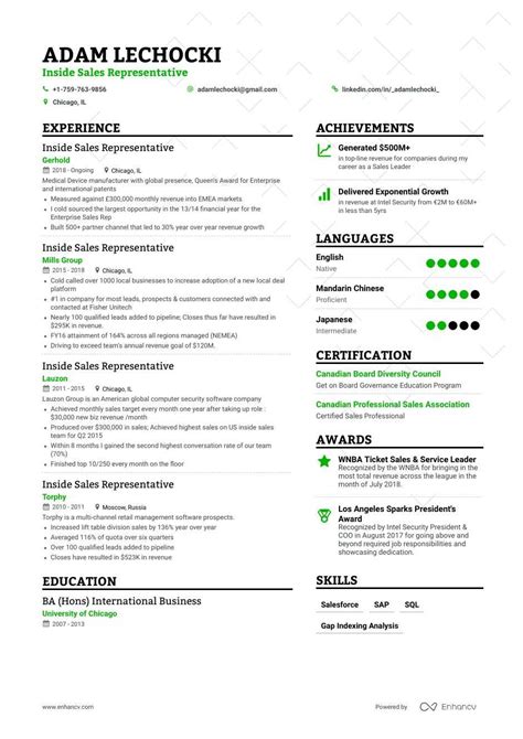 Inside Sales Resume with Relevant Work Experience