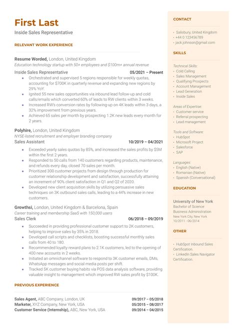 Inside Sales Resume with Skills Section