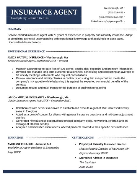 Example of an Insurance Agent Resume with a Strong Summary