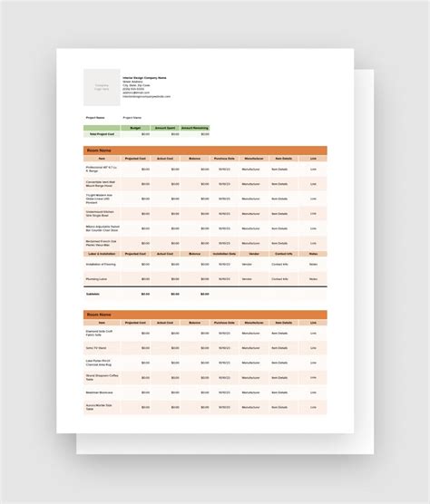 Interior Design Budget Templates