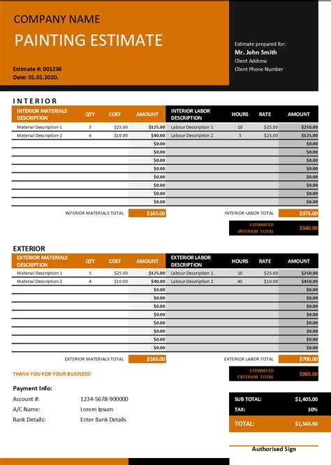 Interior Painting Estimate Template Example