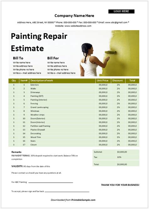 Interior Painting Estimate Template Example