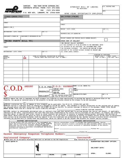 International Bill of Lading Template