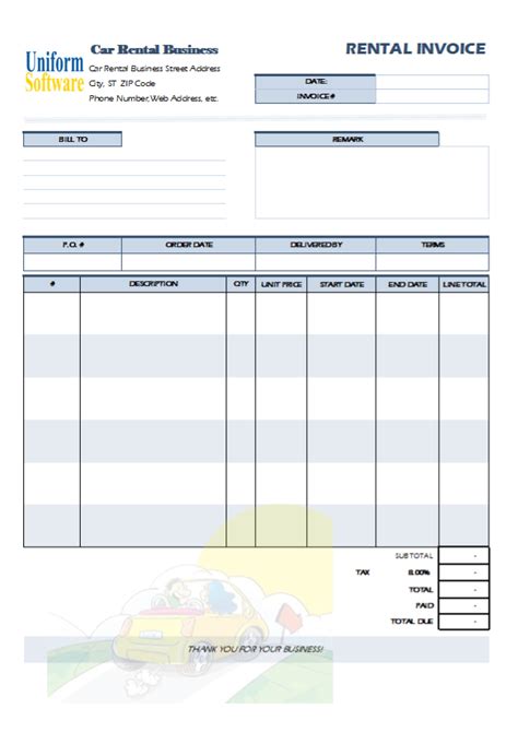 International Vehicle Rental Invoice Template