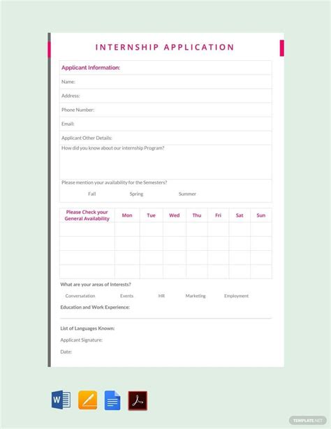 Internship Application Form Template in Word