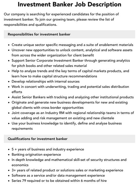 Investment Banking Job Description