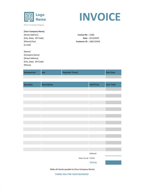 Invoice Template Excel Sample