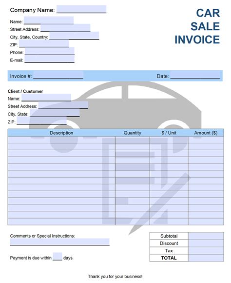 Invoice Template for Car Sales Excel