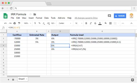 IRR formula in Google Sheets