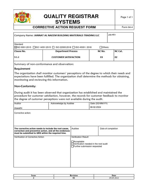 ISO 9000 Corrective Action Form Template