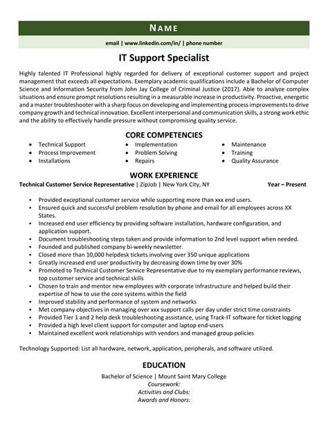 IT Support Resume Template Example