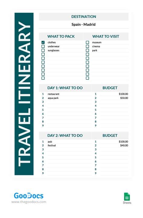 Itinerary planning template in Excel