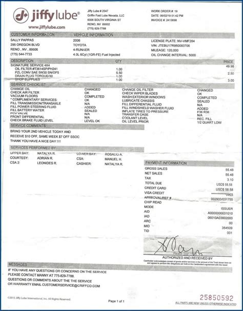 Jiffy Lube Oil Change Receipt Template 2