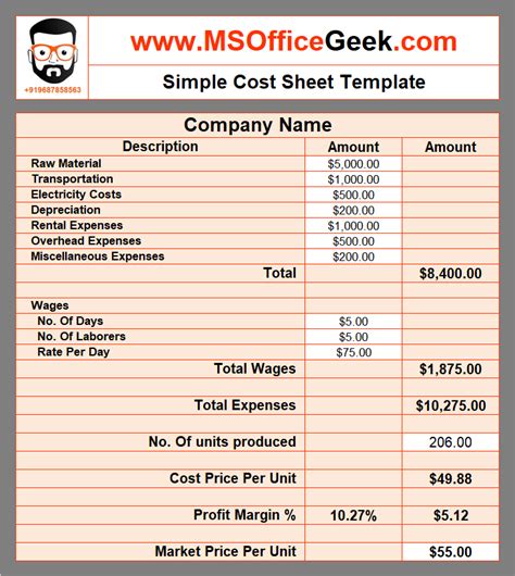 Job Costing Template Example 1